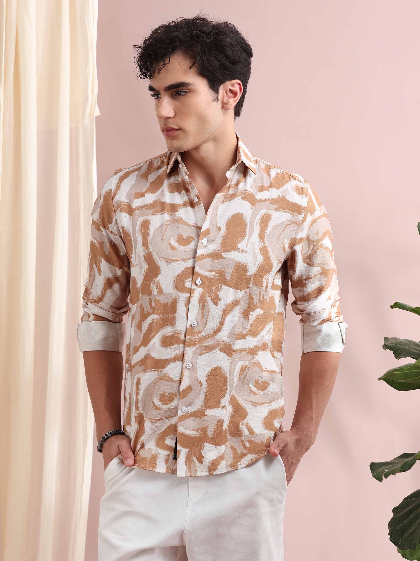 Santiago Pale Taupe Ocean Printed Shirt