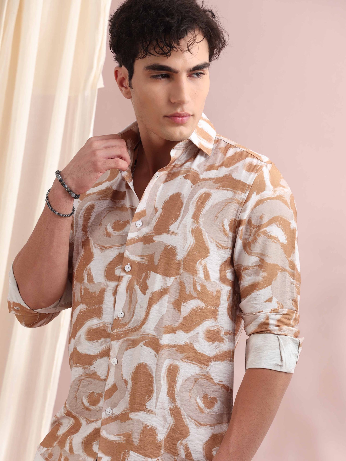 Santiago Pale Taupe Ocean Printed Shirt