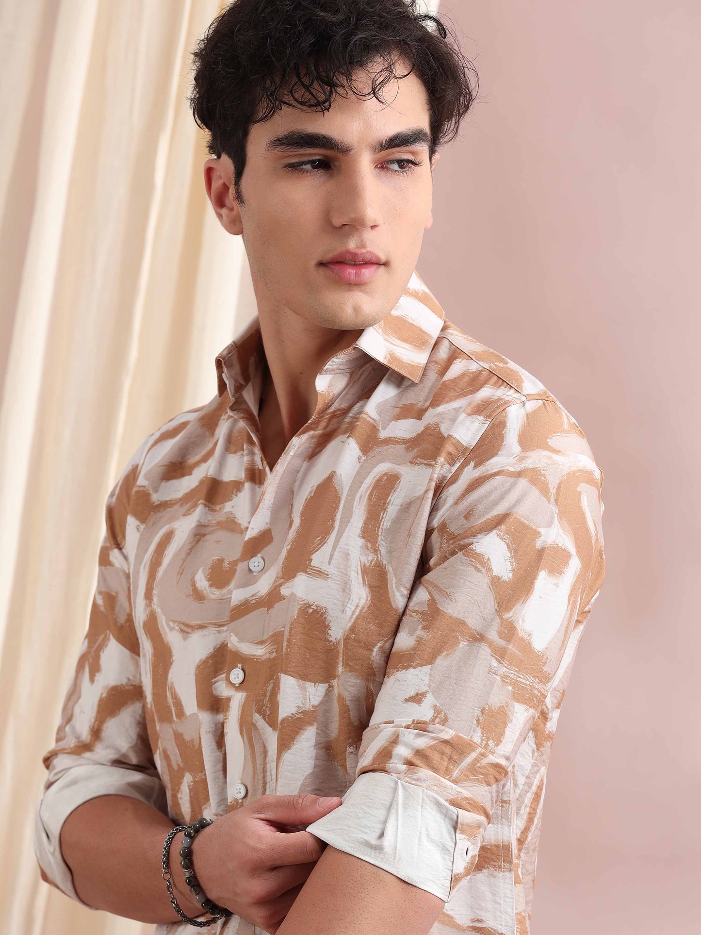 Santiago Pale Taupe Ocean Printed Shirt