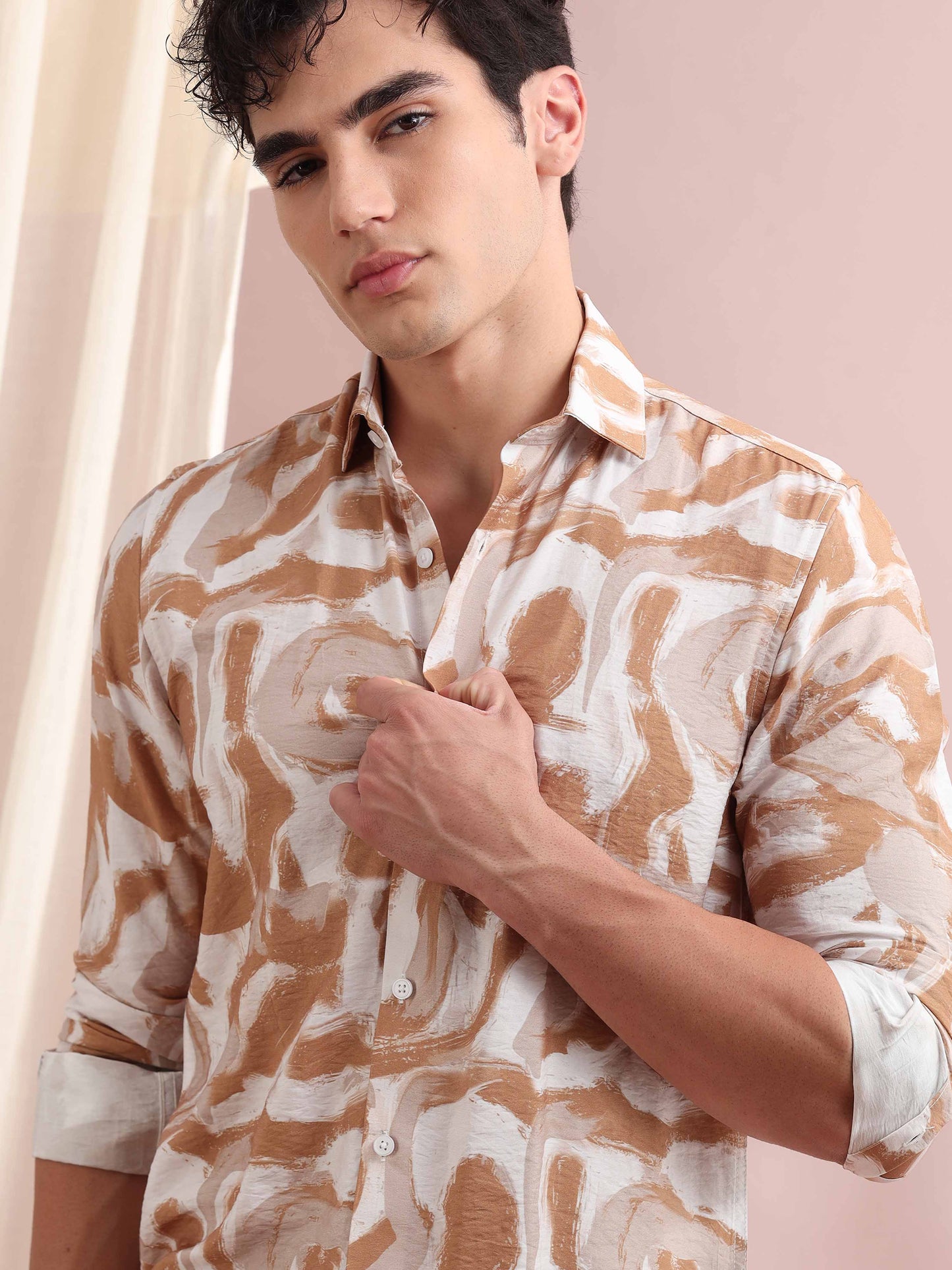 Santiago Pale Taupe Ocean Printed Shirt