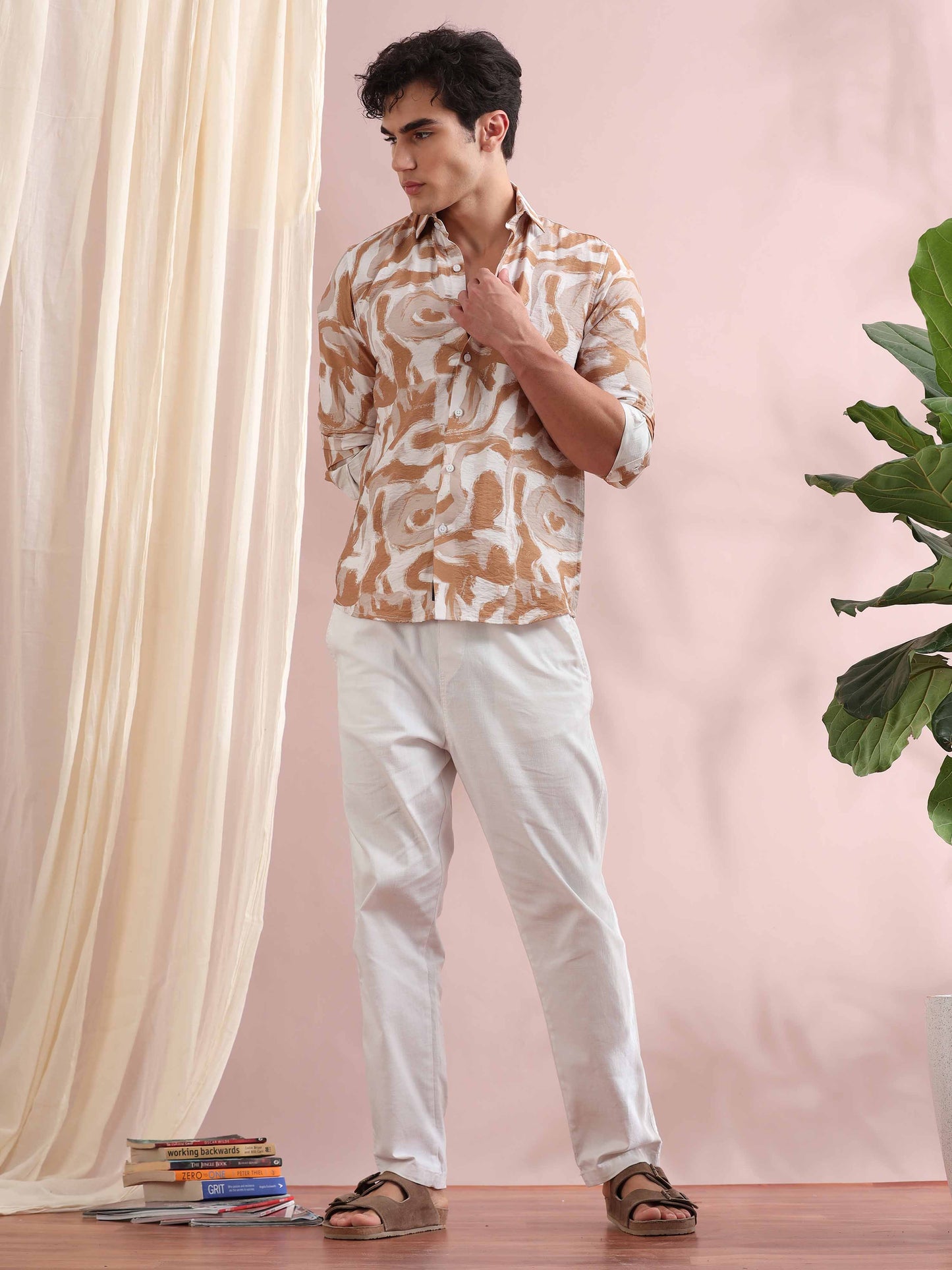 Santiago Pale Taupe Ocean Printed Shirt