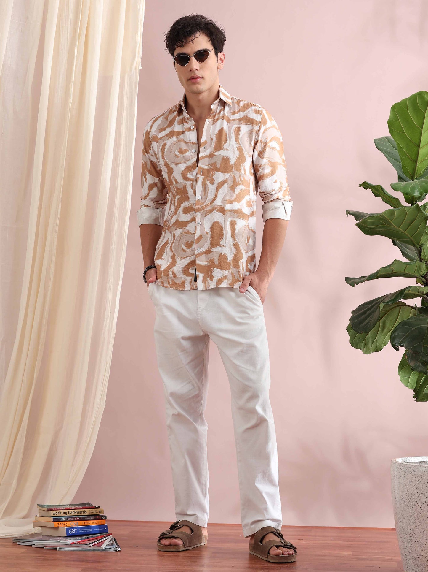 Santiago Pale Taupe Ocean Printed Shirt